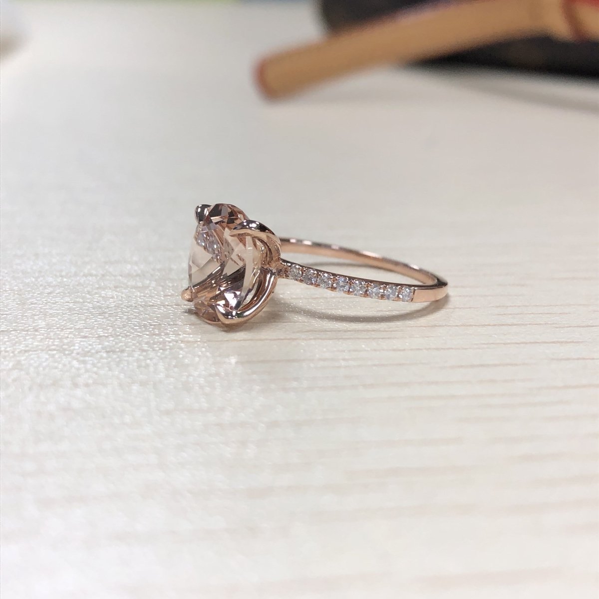 Reserved for GY- Oval Pinkish Peach Morganite Ring Pave Diamond Shank 14K Rose Gold 8x10mm - Lord of Gem Rings