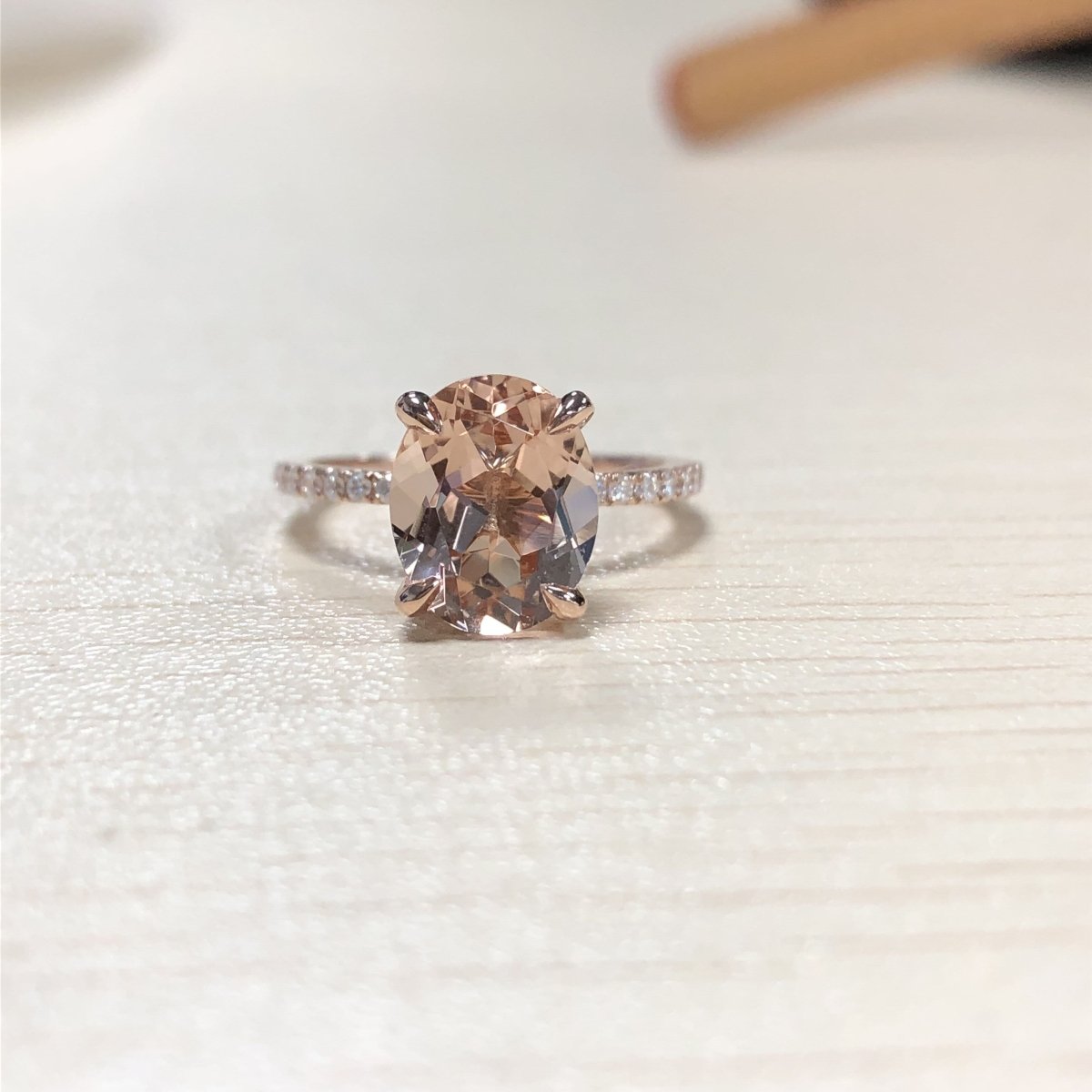 Reserved for GY- Oval Pinkish Peach Morganite Ring Pave Diamond Shank 14K Rose Gold 8x10mm - Lord of Gem Rings