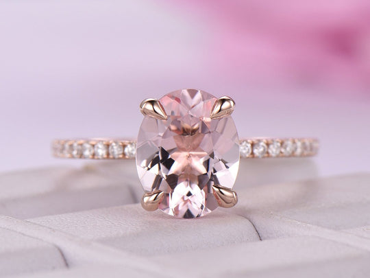 Reserved for GY- Oval Pinkish Peach Morganite Ring Pave Diamond Shank 14K Rose Gold 8x10mm