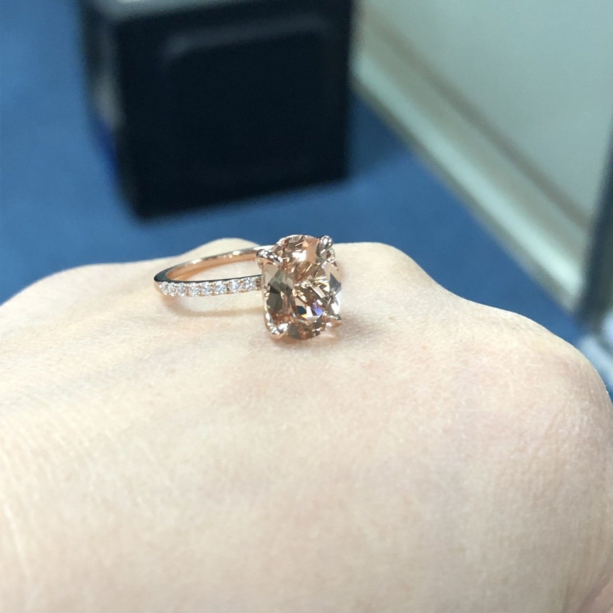 Reserved for GY- Oval Pinkish Peach Morganite Ring Pave Diamond Shank 14K Rose Gold 8x10mm - Lord of Gem Rings