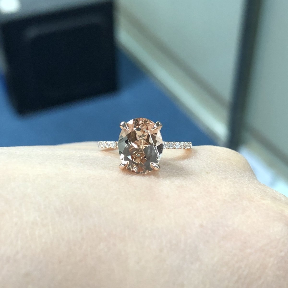 Reserved for GY- Oval Pinkish Peach Morganite Ring Pave Diamond Shank 14K Rose Gold 8x10mm - Lord of Gem Rings