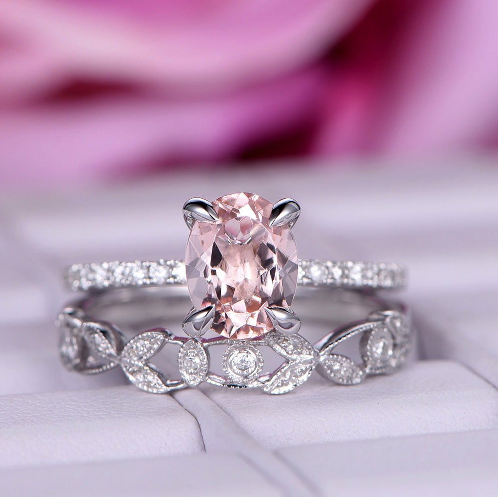 Reserved for Holly Emerald Cut Citrine Ring Bridal Sets Floral Diamond Wedding Band14K White Gold - Lord of Gem Rings