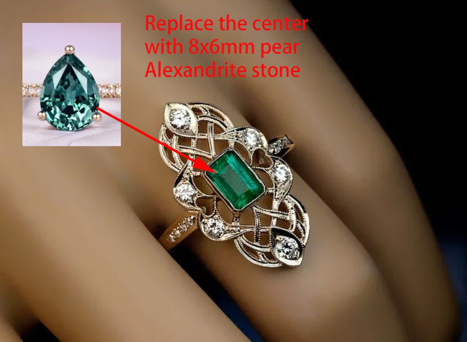 Reserved for Inessa - Vintage Ring Alexandrite Ring Moissanite Wedding Band 14K Gold - Lord of Gem Rings