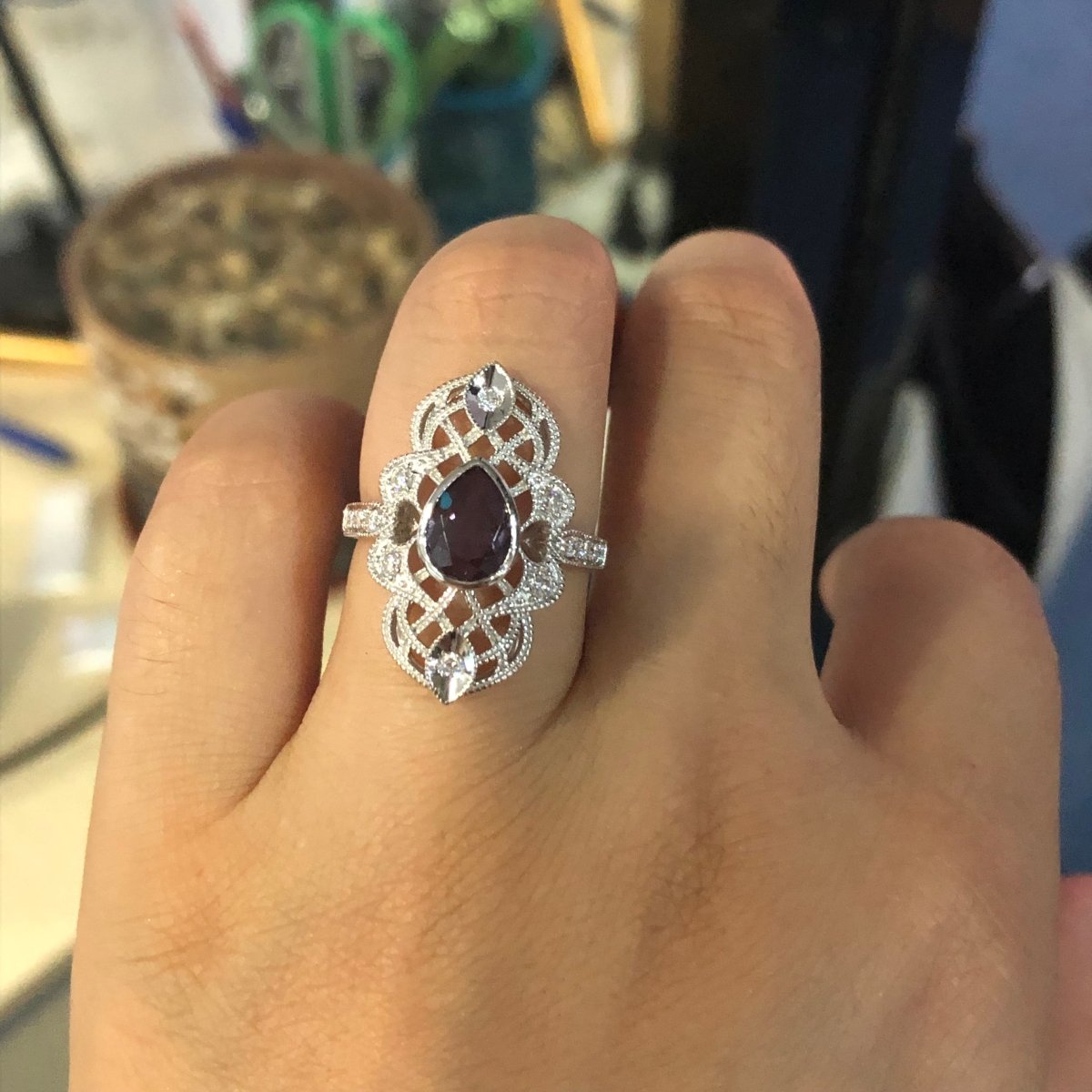Reserved for Inessa - Vintage Ring Alexandrite Ring Moissanite Wedding Band 14K Gold - Lord of Gem Rings