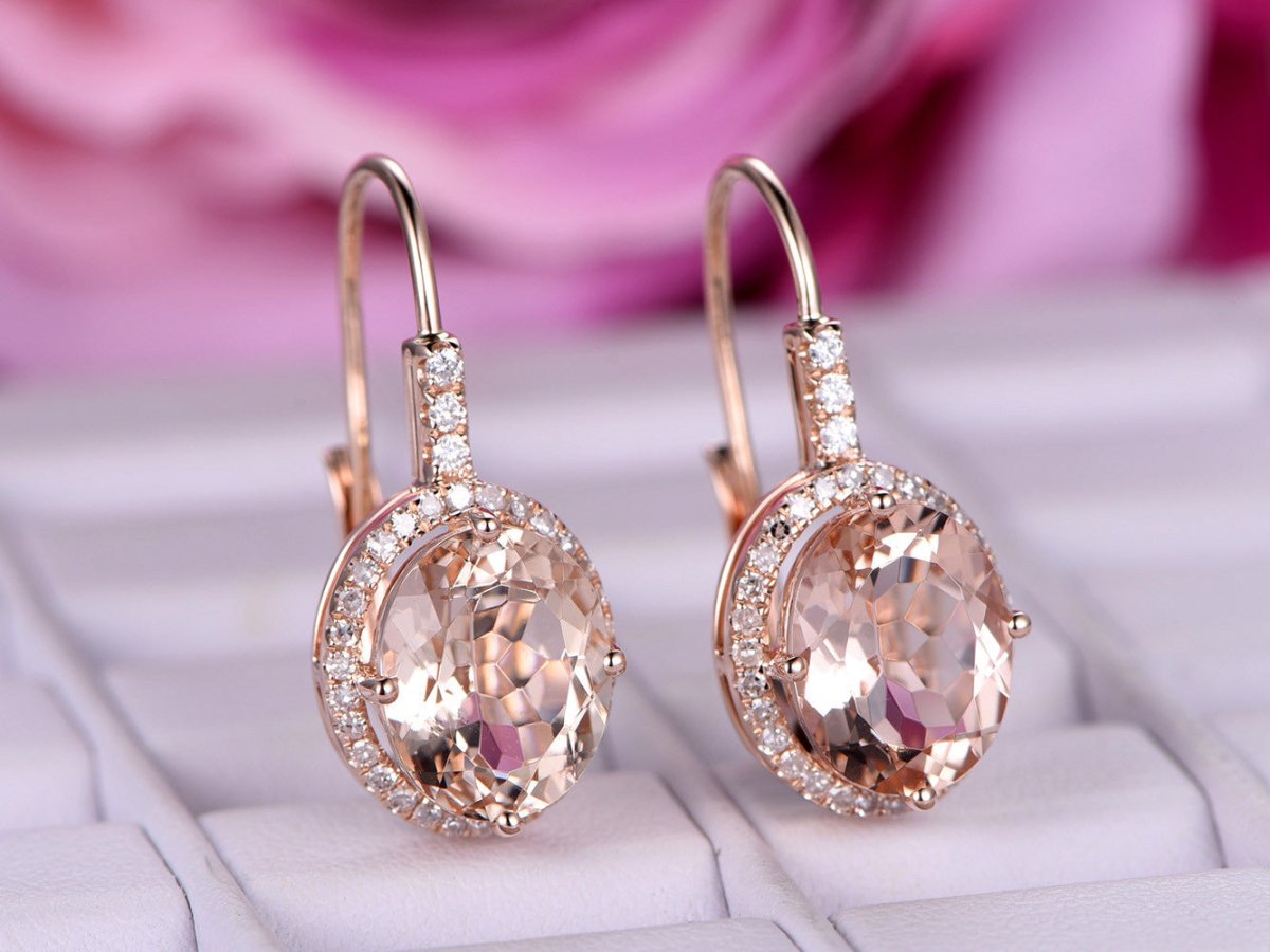 Reserved for ionut4040 Oval Morganite Earrings 14K Rose gold Leverback - Lord of Gem Rings