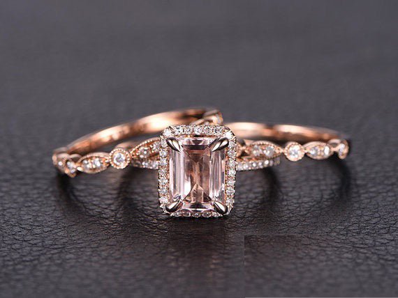 Reserved for ITU Emerald Cut Morganite Ring Trio Sets Diamond Art Deco Bands 14K Rose Gold - Lord of Gem Rings