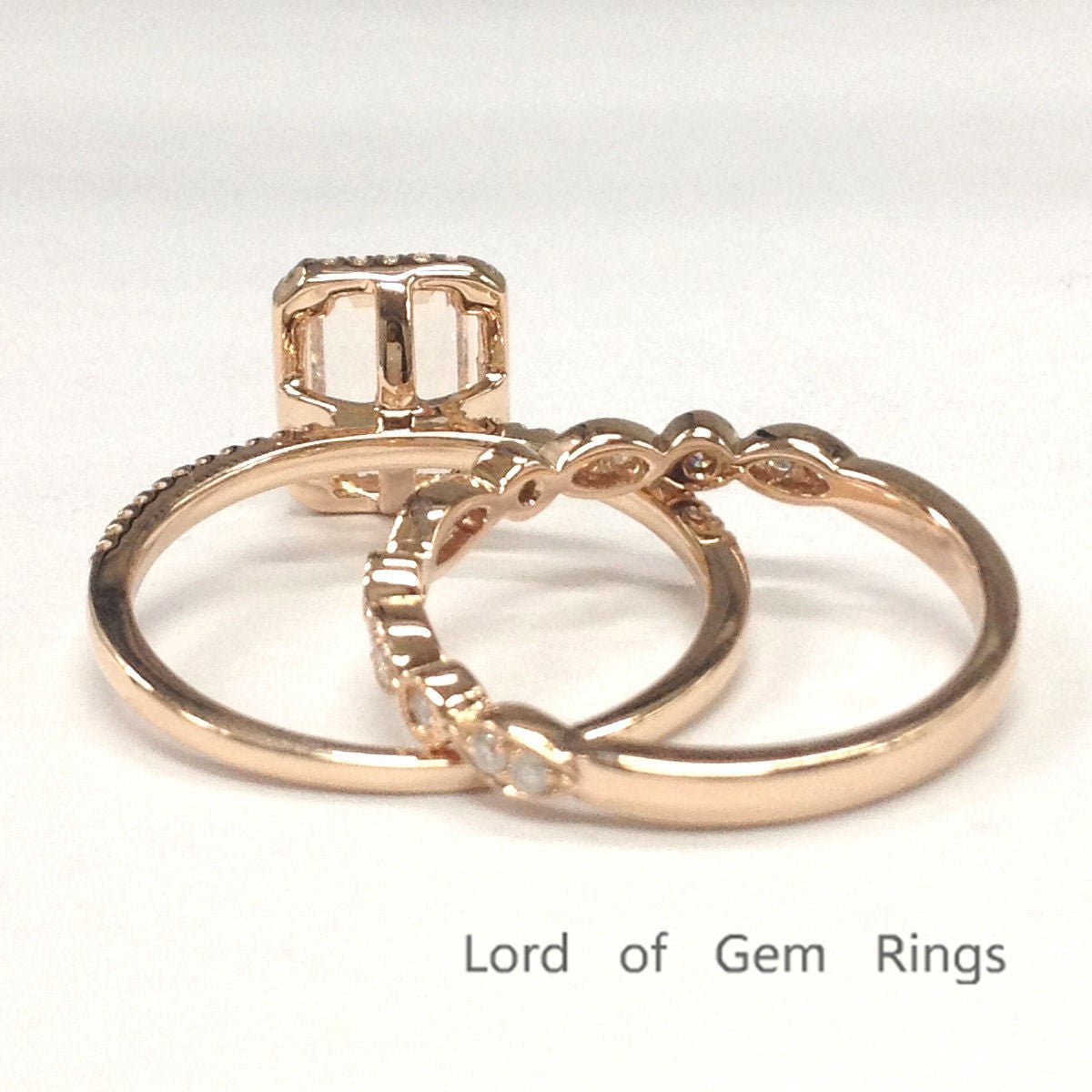 Reserved for ITU Emerald Cut Morganite Ring Trio Sets Diamond Art Deco Bands 14K Rose Gold - Lord of Gem Rings