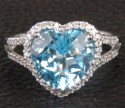 Reserved for ITU Heart Aquamarine Engagement Ring Diamond Halo Split Shank 14k White Gold