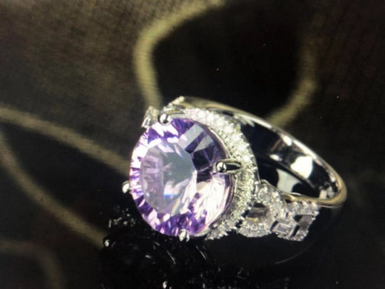 Reserved for ITU  Round Amethyst  Ring Art Deco Diamond shank 14k White Gold 10mm