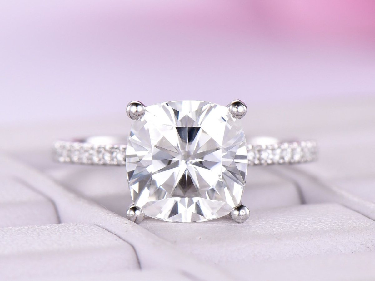 Reserved for James Cushion FB Moissanite Ring Moissanite Uner Halo 18K White Gold 8mm - Lord of Gem Rings