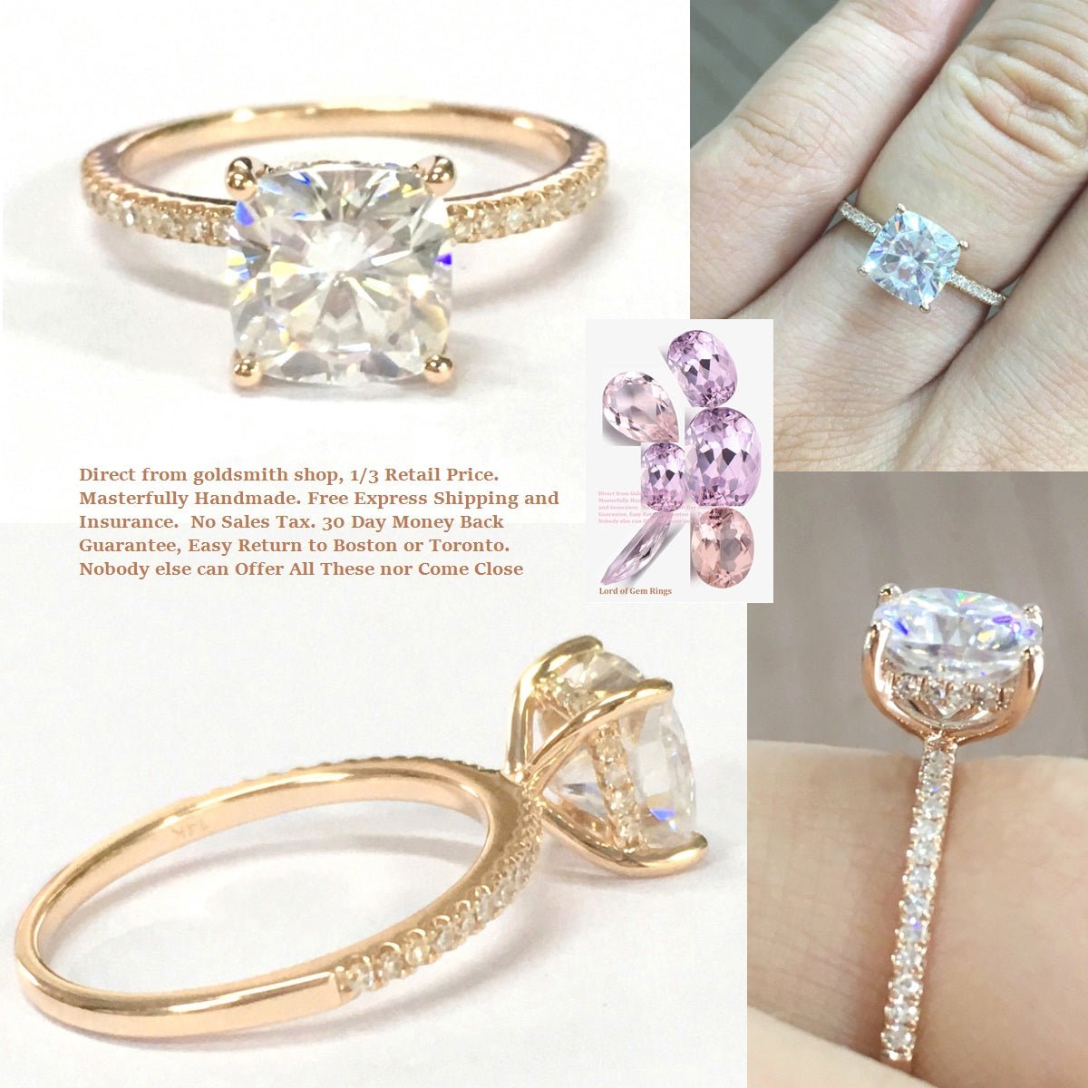 Reserved for James Cushion FB Moissanite Ring Moissanite Uner Halo 18K White Gold 8mm - Lord of Gem Rings