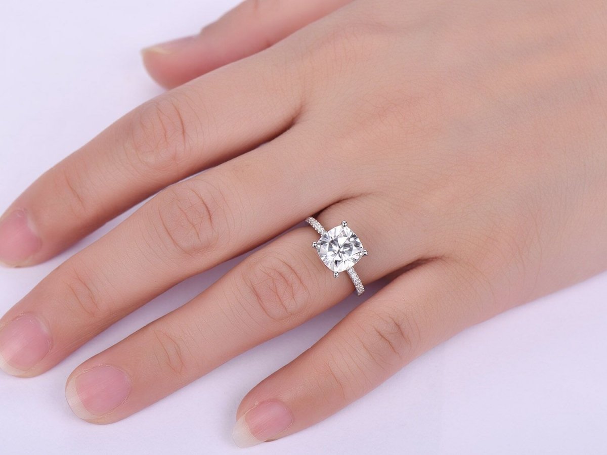 Reserved for James Cushion FB Moissanite Ring Moissanite Uner Halo 18K White Gold 8mm - Lord of Gem Rings
