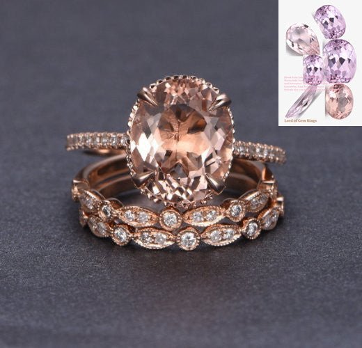 Reserved for Javid Oval Morganite Engagement Ring trio Sets 18K White Gold 10x12mm