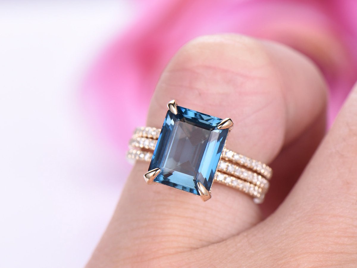 Reserved for jballerini203 Emerald Cut London Blue Topaz Engagement Ring and Ring Guard Sets - Lord of Gem Rings