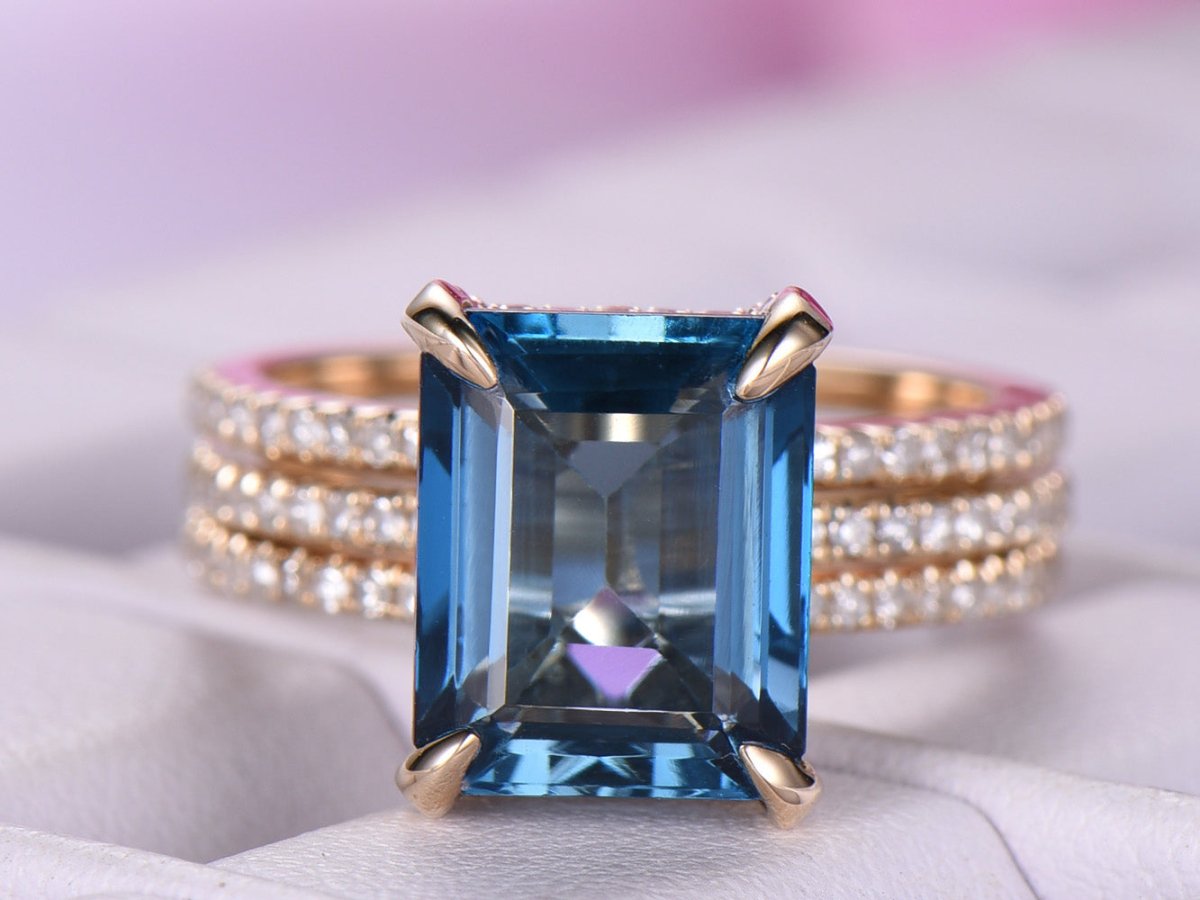 Reserved for jballerini203 Emerald Cut London Blue Topaz Engagement Ring and Ring Guard Sets - Lord of Gem Rings