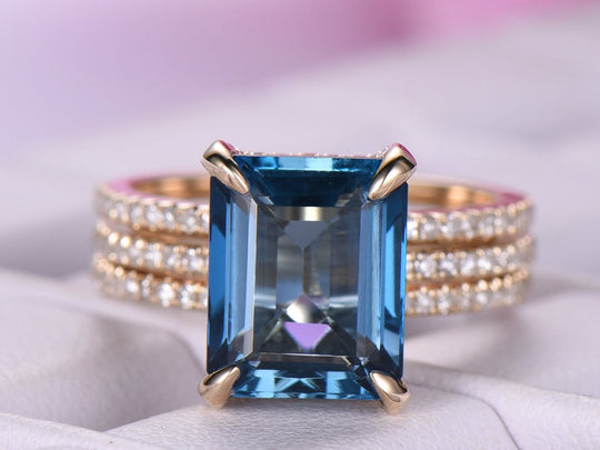 Reserved for jballerini203  Emerald Cut London Blue Topaz Engagement Ring and Ring Guard Sets