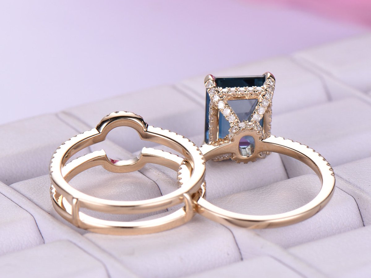 Reserved for jballerini203 Emerald Cut London Blue Topaz Engagement Ring and Ring Guard Sets - Lord of Gem Rings