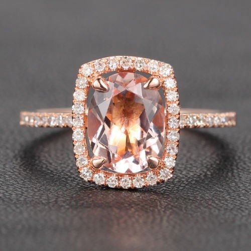 Reserved for jealous_lover Cushion Morganite Engagement Ring Cushion Diamond Halo 14K Rose Gold - Lord of Gem Rings