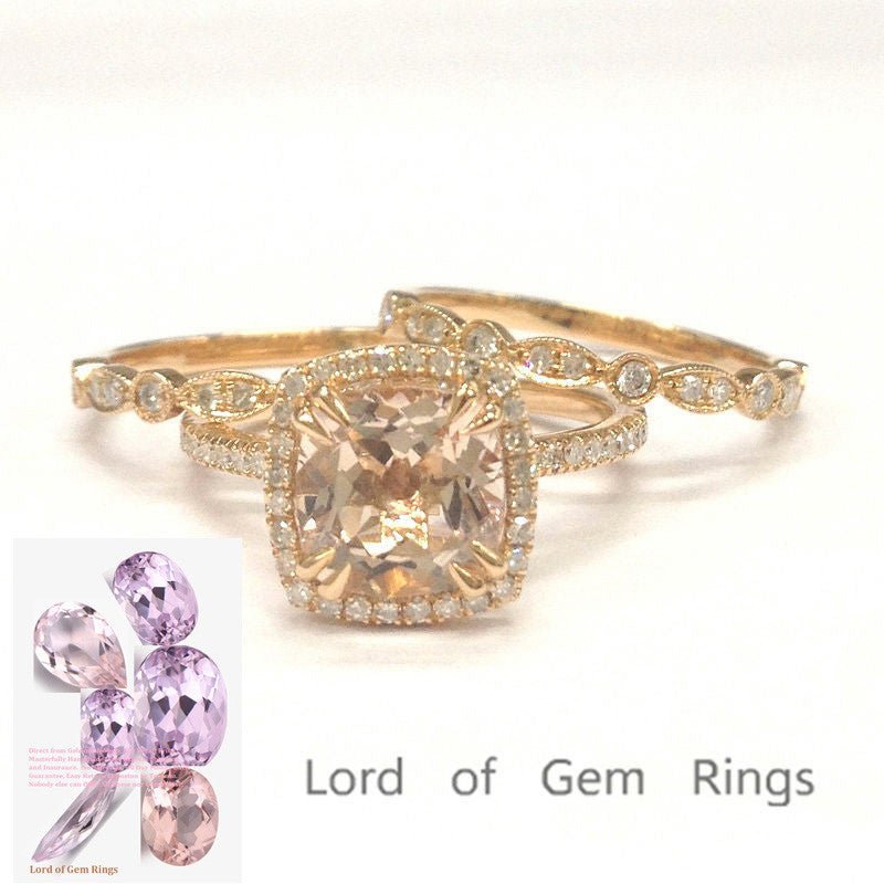 Reserved for Jenn, Cushion Pink Morganite 3-ring Bridal Sets Pave Diamond Wedding 14K Rose Gold Art Deco - Lord of Gem Rings