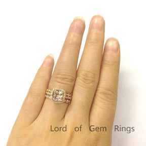Reserved for Jenn, Cushion Pink Morganite 3-ring Bridal Sets Pave Diamond Wedding 14K Rose Gold Art Deco - Lord of Gem Rings