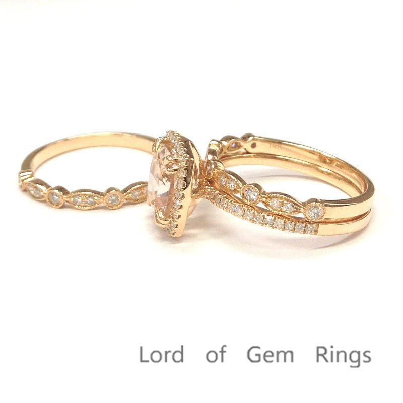 Reserved for Jenn, Cushion Pink Morganite 3-ring Bridal Sets Pave Diamond Wedding 14K Rose Gold Art Deco - Lord of Gem Rings