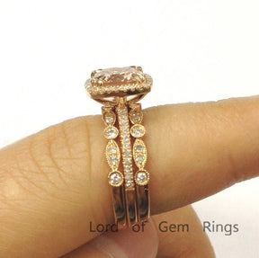Reserved for Jenn, Cushion Pink Morganite 3-ring Bridal Sets Pave Diamond Wedding 14K Rose Gold Art Deco - Lord of Gem Rings