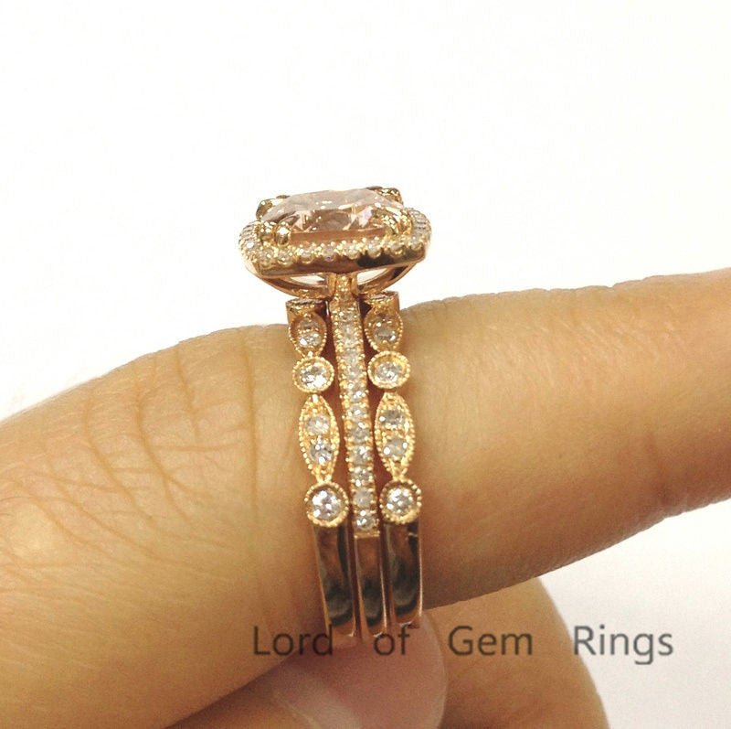 Reserved for Jenn, Cushion Pink Morganite 3-ring Bridal Sets Pave Diamond Wedding 14K Rose Gold Art Deco - Lord of Gem Rings