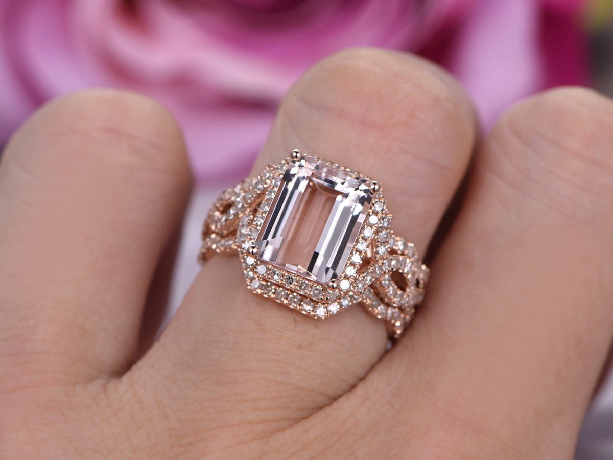 Reserved for Jennifer Emerald Cut Morganite Ring Trio Sets Diamond Infinite Love Band 14K Rose Gold 8x10mm - Lord of Gem Rings