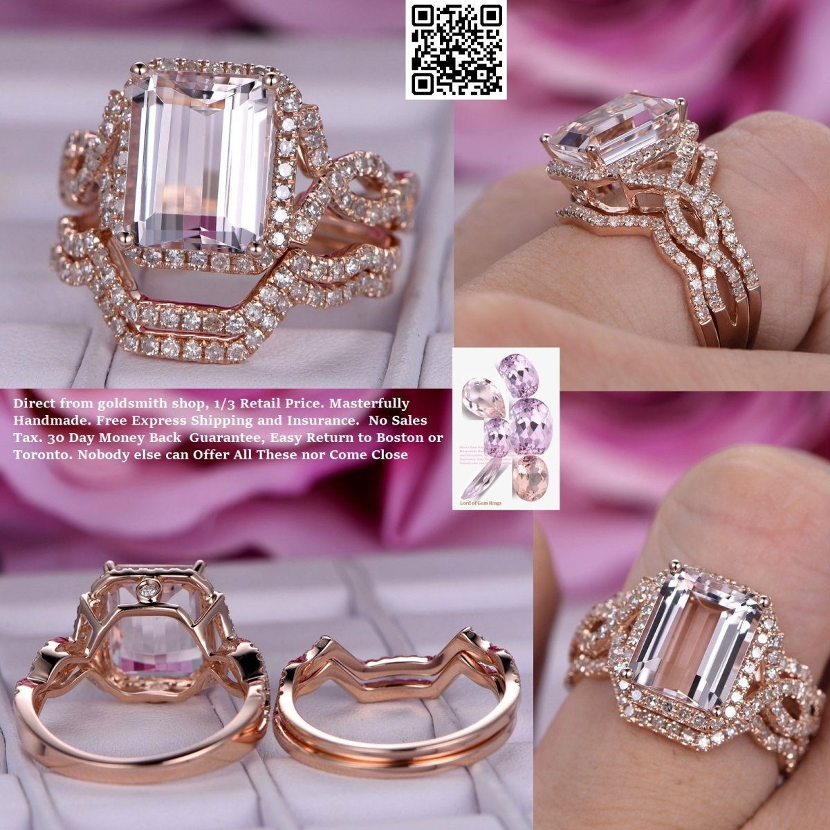 Reserved for Jennifer Emerald Cut Morganite Ring Trio Sets Diamond Infinite Love Band 14K Rose Gold 8x10mm - Lord of Gem Rings
