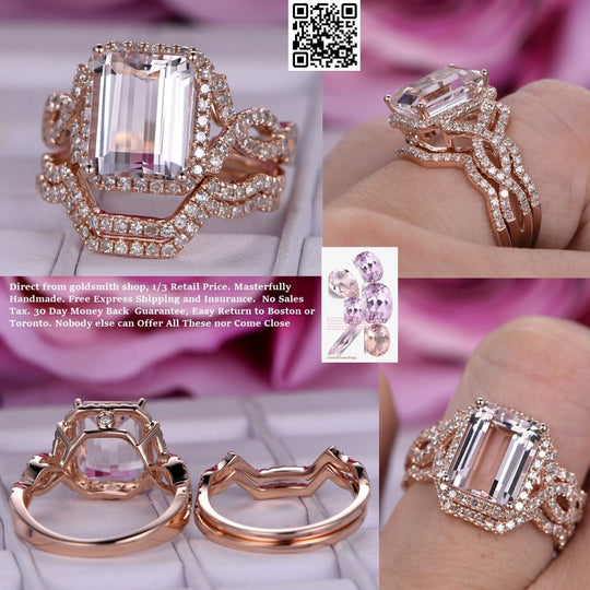 Reserved for Jennifer  Emerald Cut Morganite Ring Trio Sets Diamond Infinite Love Band 14K Rose Gold 8x10mm