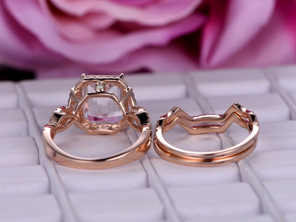 Reserved for Jennifer Emerald Cut Morganite Ring Trio Sets Diamond Infinite Love Band 14K Rose Gold 8x10mm - Lord of Gem Rings