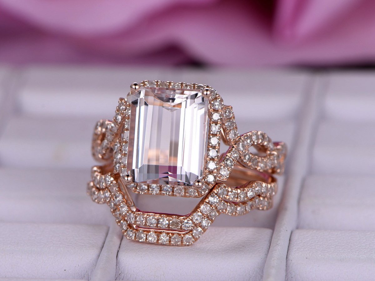 Reserved for Jennifer Emerald Cut Morganite Ring Trio Sets Diamond Infinite Love Band 14K Rose Gold 8x10mm - Lord of Gem Rings