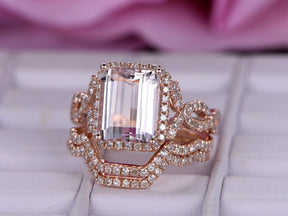 Reserved for Jennifer Emerald Cut Morganite Ring Trio Sets Diamond Infinite Love Band 14K Rose Gold 8x10mm - Lord of Gem Rings