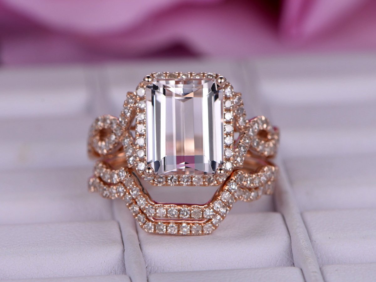 Reserved for Jennifer Emerald Cut Morganite Ring Trio Sets Diamond Infinite Love Band 14K Rose Gold 8x10mm - Lord of Gem Rings