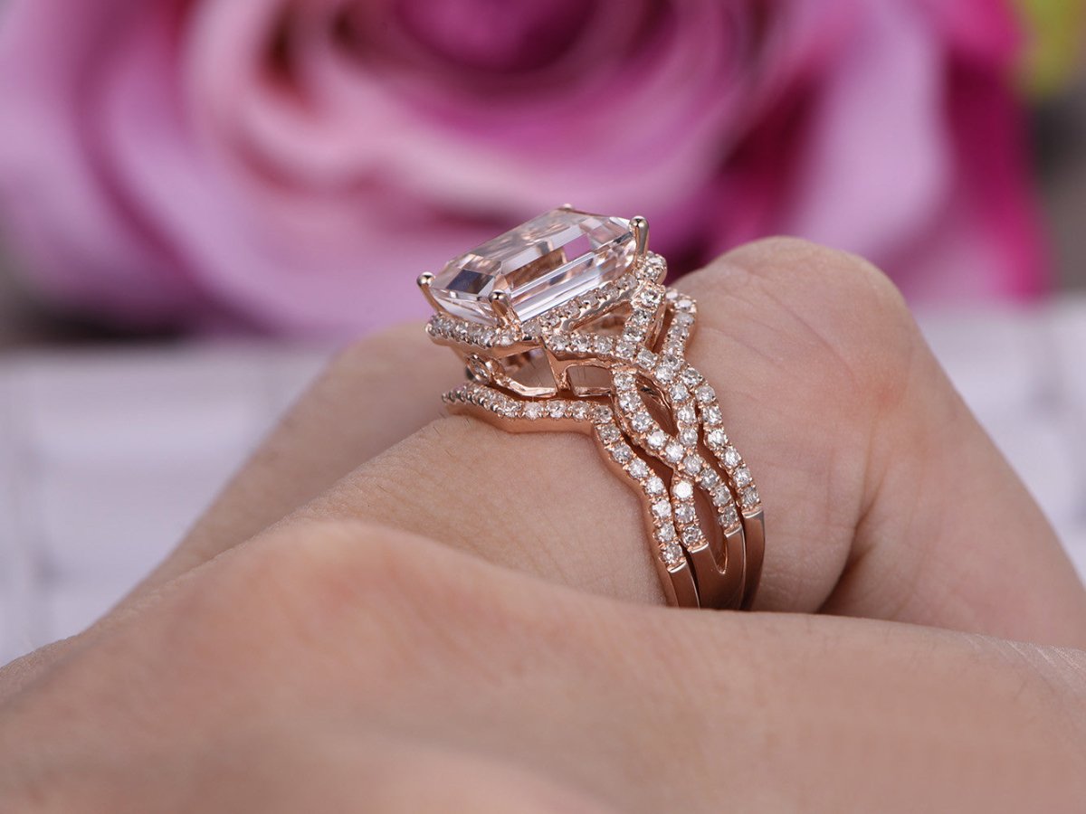 Reserved for Jennifer Emerald Cut Morganite Ring Trio Sets Diamond Infinite Love Band 14K Rose Gold 8x10mm - Lord of Gem Rings