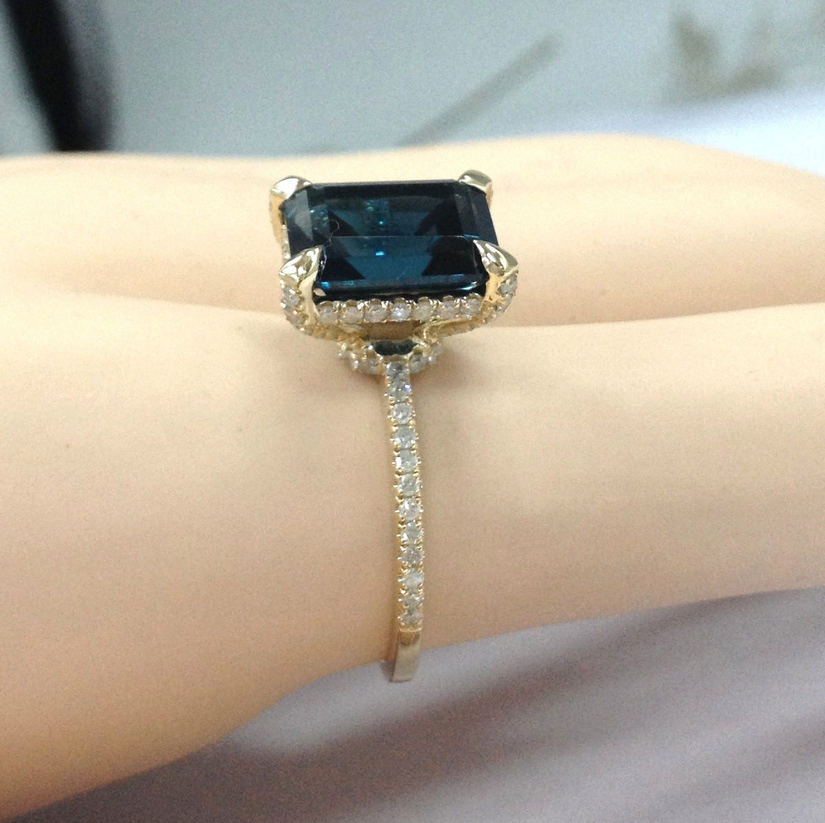 Reserved for Jessica Custom Elongated Emerald Cut London Blue Topaz Engagement Ring 14K Yellow Gold 10x14mm - Lord of Gem Rings