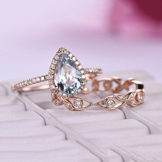 Reserved for Joe Pear Peridot Ring Wedding Set Floral Diamond Band 14K Yellow Gold 6x8mm