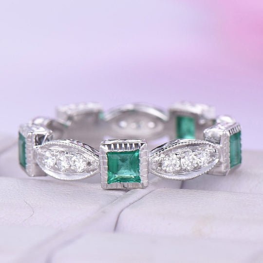 Reserved for Joey Princess Emerald VS Diamond  Wedding Band Art Deco Eternity 14K White Gold
