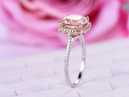Reserved for Josee Cushion Morganite Engagement Cathedral Ring 14K White/Rose Gold 7mm