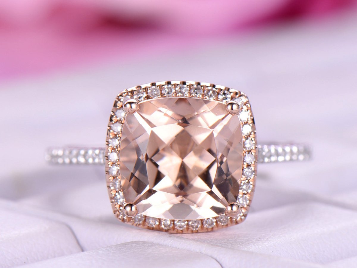 Reserved for Josee Cushion Morganite Engagement Cathedral Ring 14K White/Rose Gold 7mm - Lord of Gem Rings