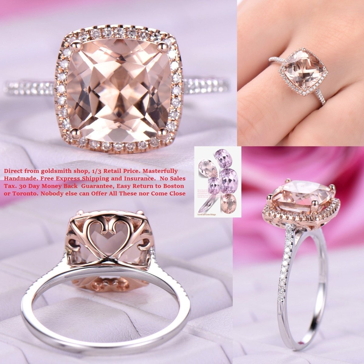 Reserved for Josee Cushion Morganite Engagement Cathedral Ring 14K White/Rose Gold 7mm - Lord of Gem Rings