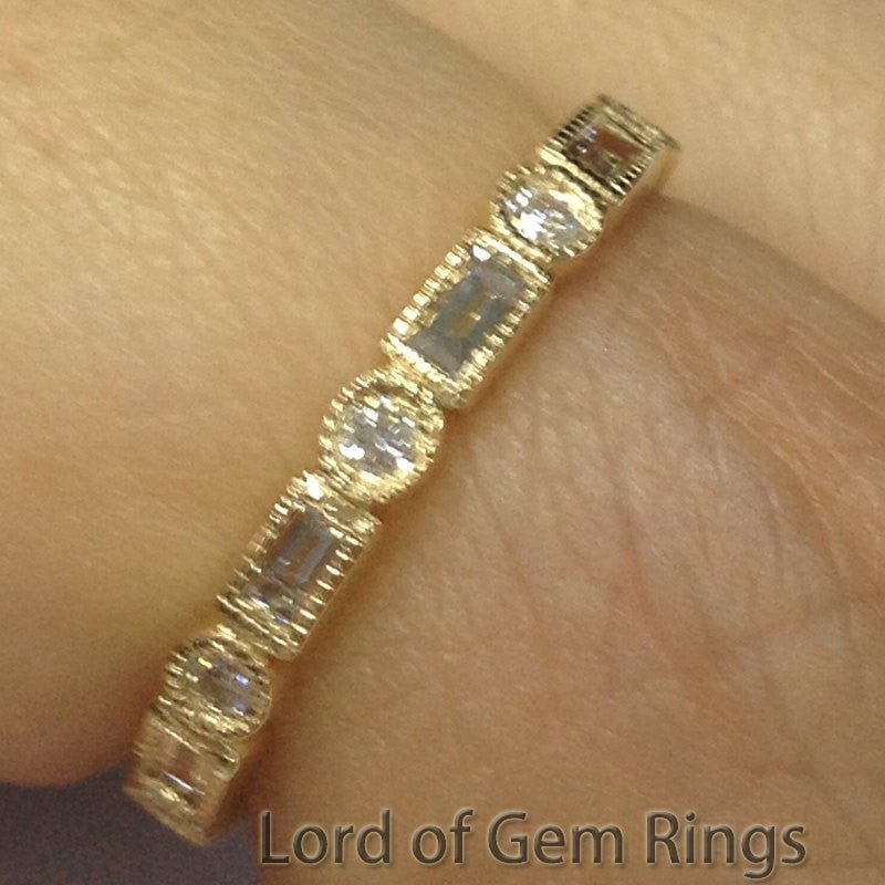 Reserved for Joshua VS Baguette/Round Diamond Wedding Eternity Ring 14K Yellow Gold Milgrain - Lord of Gem Rings
