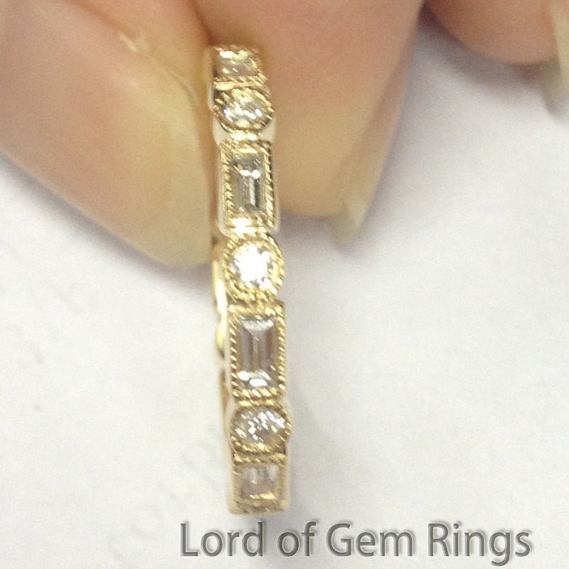 Reserved for Joshua VS Baguette/Round Diamond Wedding Eternity Ring 14K Yellow Gold Milgrain - Lord of Gem Rings