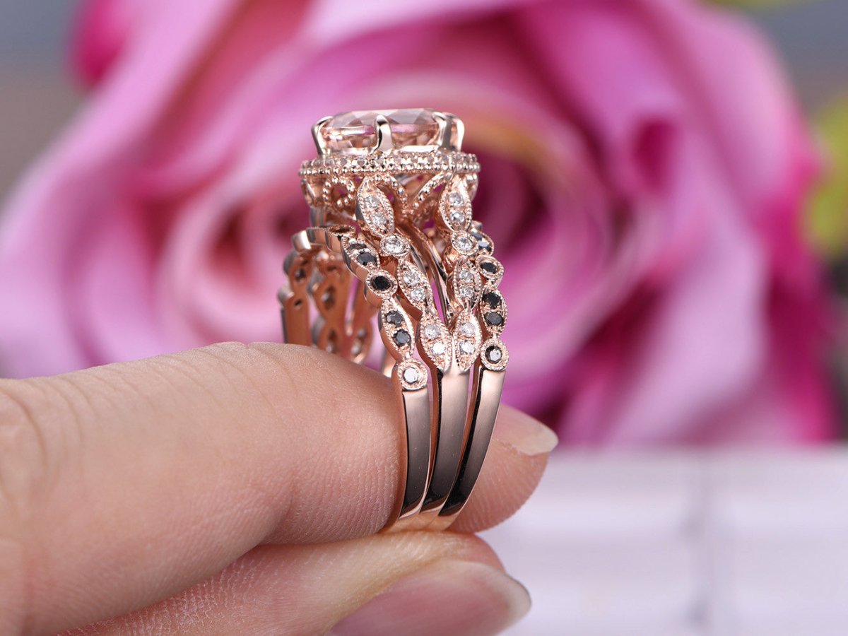 Reserved for junglistways Oval Morganite Engagement Ring Trio Sets Peridot Wedding 14K Rose Gold - Lord of Gem Rings