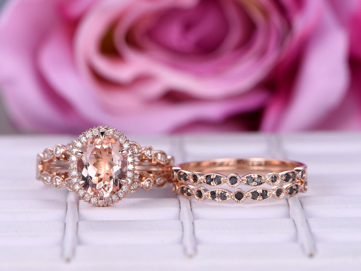 Reserved for junglistways Oval Morganite Engagement Ring Trio Sets Peridot Wedding 14K Rose Gold - Lord of Gem Rings