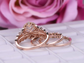 Reserved for junglistways Oval Morganite Engagement Ring Trio Sets Peridot Wedding 14K Rose Gold - Lord of Gem Rings