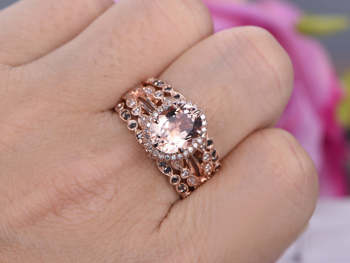 Reserved for junglistways Oval Morganite Engagement Ring Trio Sets Peridot Wedding 14K Rose Gold - Lord of Gem Rings