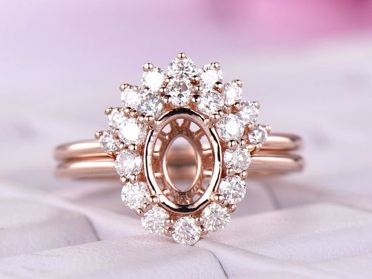 Reserved for JY Custom Semi Mout Ring Set Moissanite Halo Plain Shank 14K Rose Gold 6x8mm
