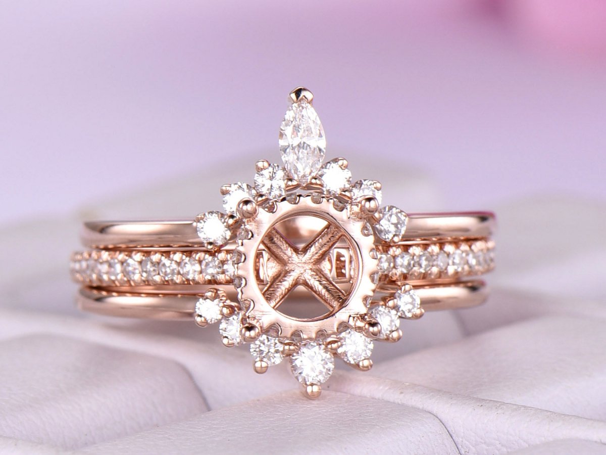 Reserved for Jy Diamond Semi Mount Ring & Matching Diamond Band Under Halo 14K Gold 7mm - Lord of Gem Rings