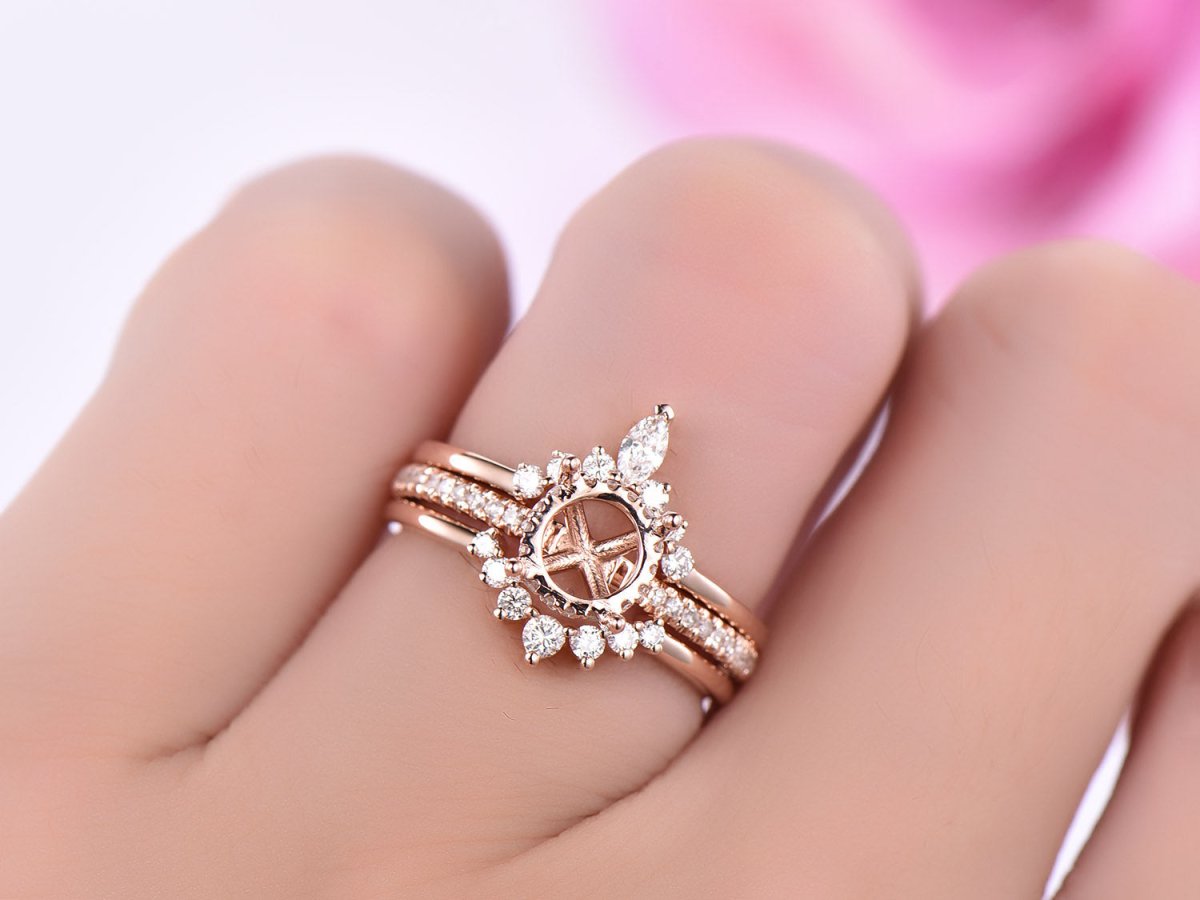 Reserved for Jy Diamond Semi Mount Ring & Matching Diamond Band Under Halo 14K Gold 7mm - Lord of Gem Rings